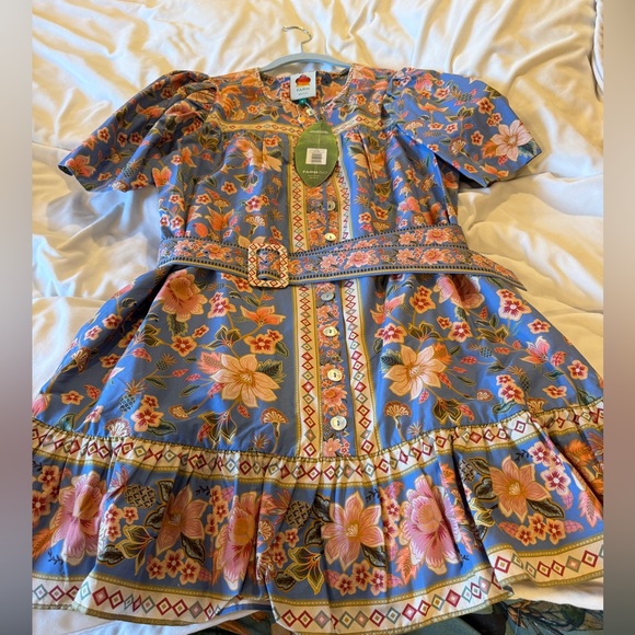 NWT FARM Rio Tapestry Printed Blue Floral Belted Mini Dress Medium - Picture 3 of 5